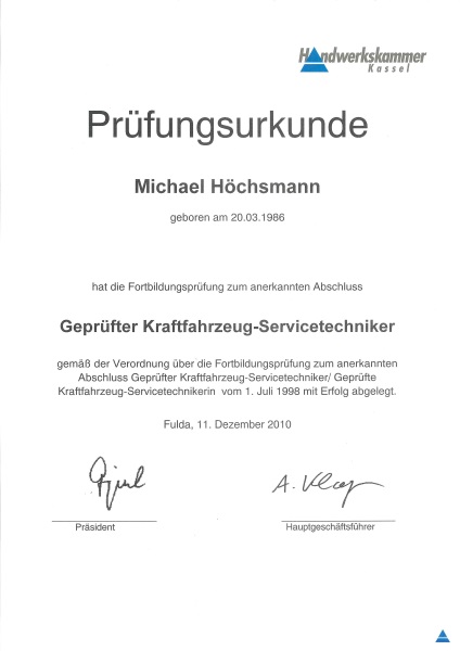 Prüfungsurkunde kfz-Servicetechniker - Michael Höchsmann - 11.12.2010