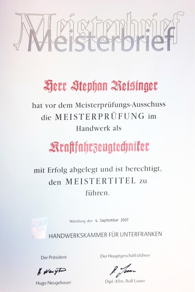 Meisterbrief - Stephan Reisinger - 04.08.2007